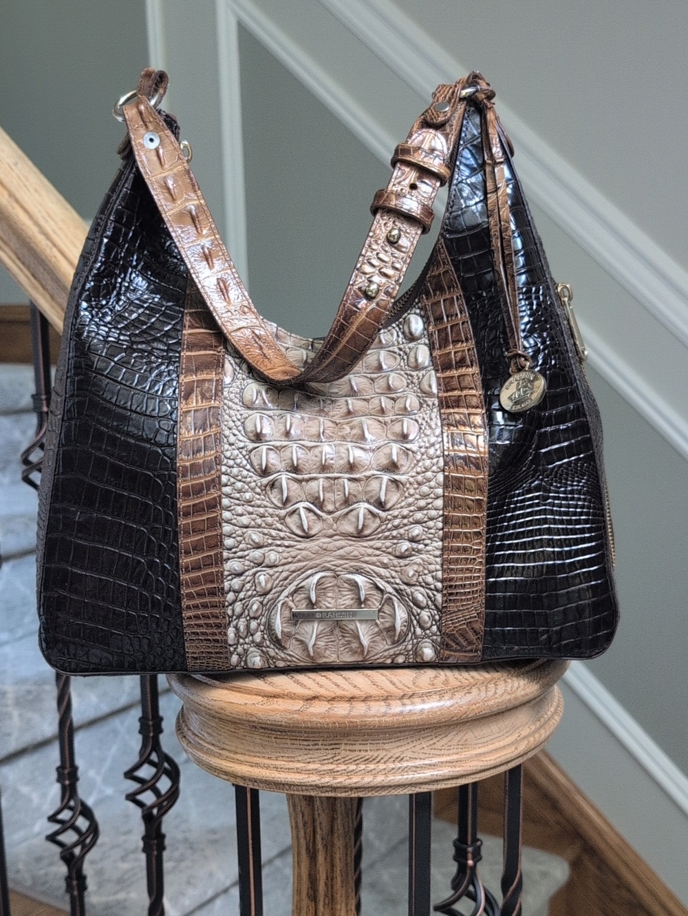 Brahmin Tri-Tone Croc-Embossed Shoulder Bag in Black, Brown & Cream